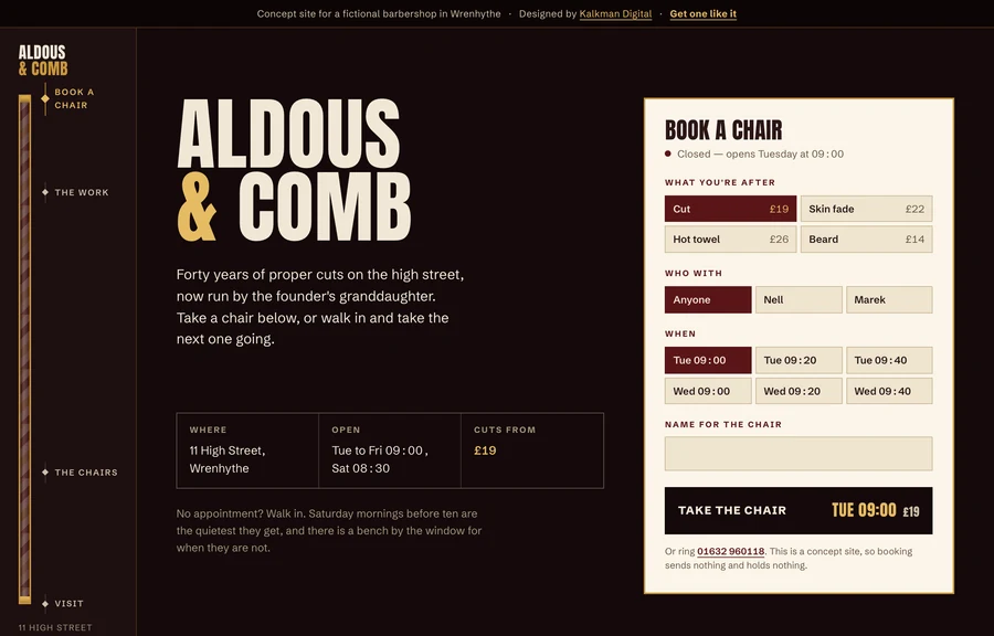 The home page of the Aldous & Comb site