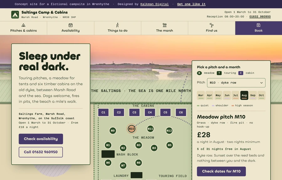 The home page of the Saltings Camp & Cabins site