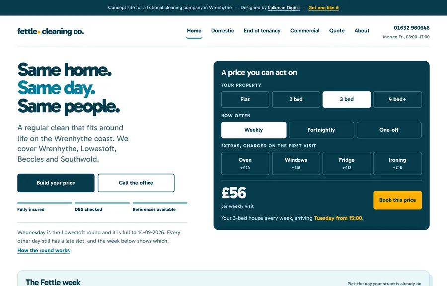 The home page of the Fettle Cleaning Co. site